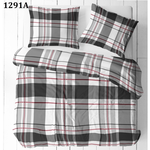 Pościel bawełniana PŁÓTNO 200x220- Krata grafit, biel i czerwień 1291A